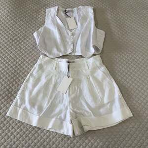 HMP White Linen Vest Top and Pleated Cuffed Shorts Set